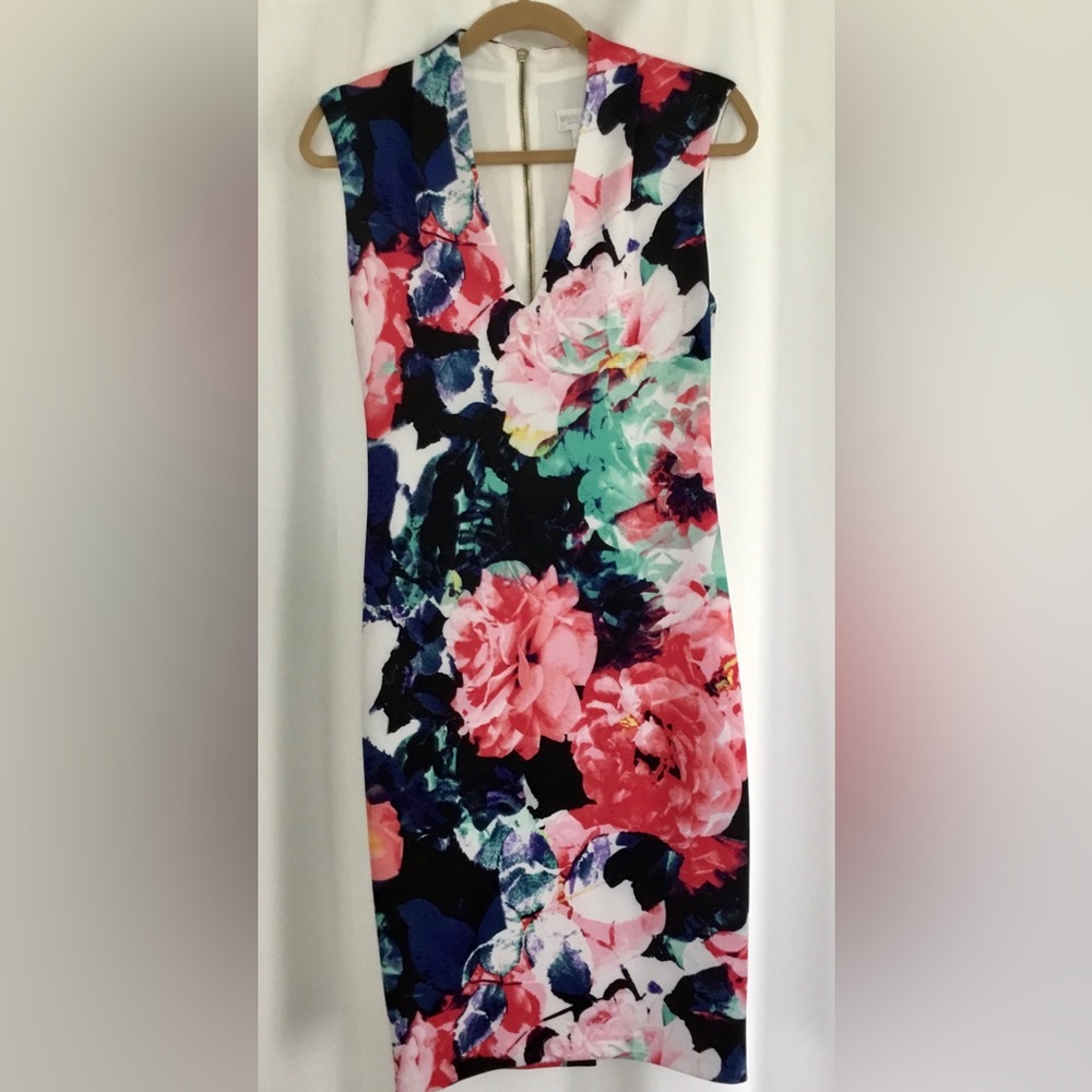 Bisou Bisou Floral V-Neck Scuba Dress in floral pattern